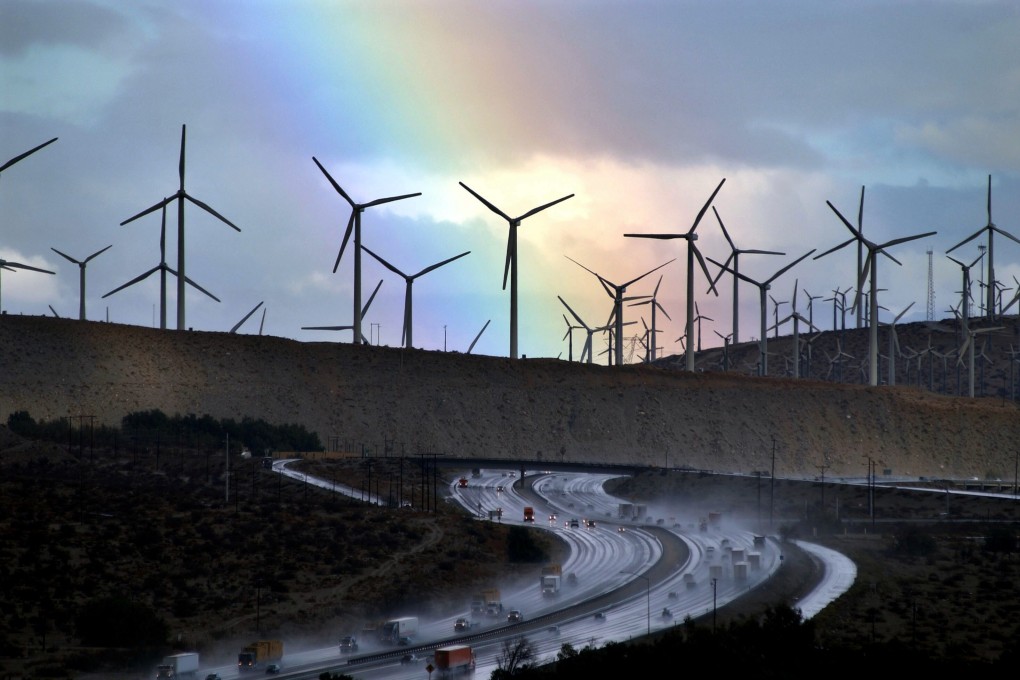 Giant windmills near America’s Interstate 10 in Palm Springs, California. Solar and wind power continued to surge even as global GDP shrank 5 per cent in 2020. Photo: Getty Images