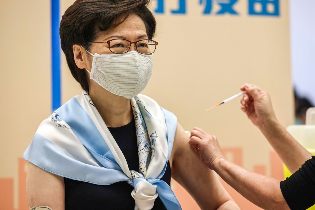 Hong Kong leader Carrie Lam receives her booster jab against the coronavirus. Photo: K. Y. Cheng