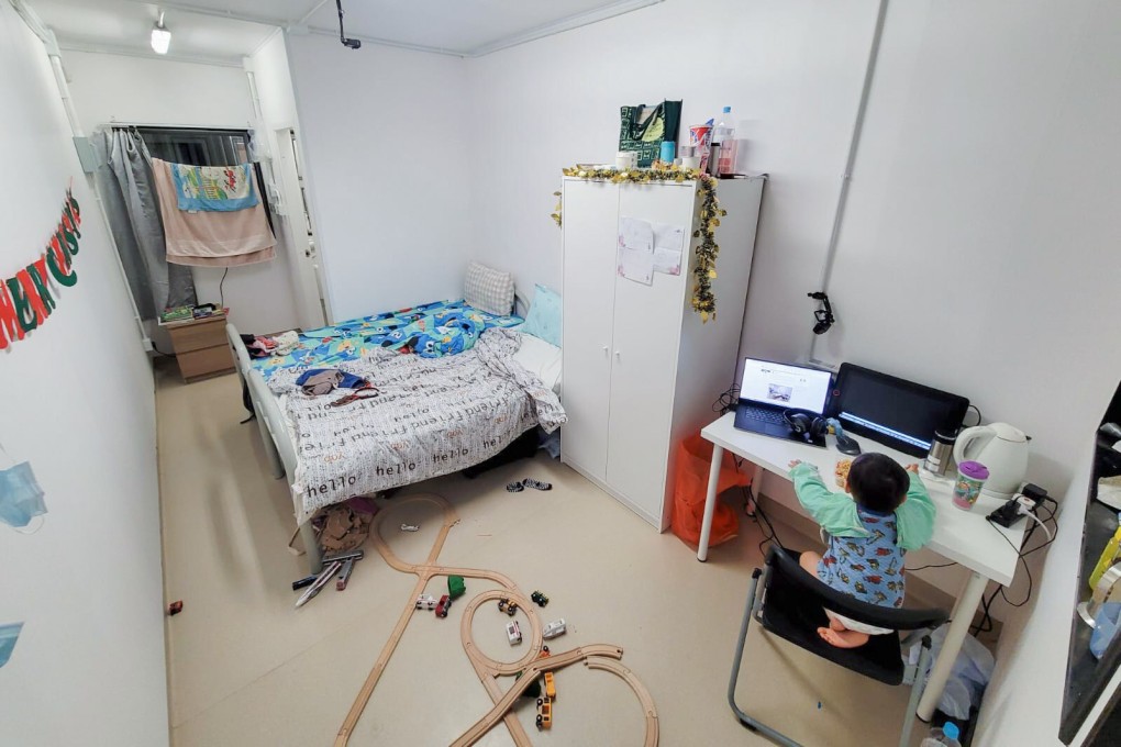 A mother and son spend Christmas 2020 at the Lei Yue Mun Park and Holiday Village quarantine centre. Photo: Handout