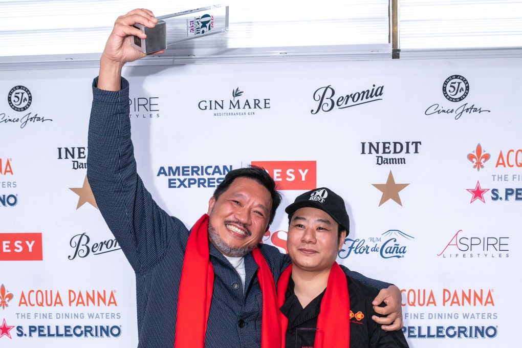 Danny Yip, owner of The Chairman, celebrates with its chef de cuisine Kwok Keung Tung after the Cantonese restaurant was named No 1 on the Asia’s 50 Best Restaurants list for 2021. It is the first Chinese-cuisine restaurant to take top spot since the rankings were launched in 2013. Photo: Lily Yu/Asia’s 50 Best Restaurants