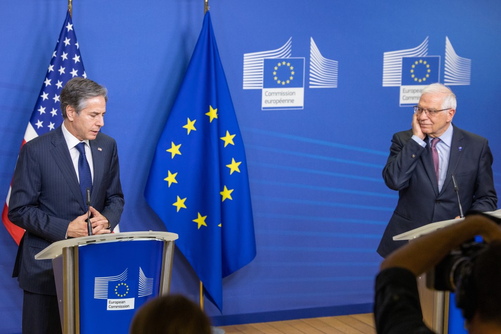 Antony Blinken, US secretary of state (left), speaks while Josep Borrell, vice president of the European Commission, listens during news conference in Brussels on Wednesday. Photo: Bloomberg