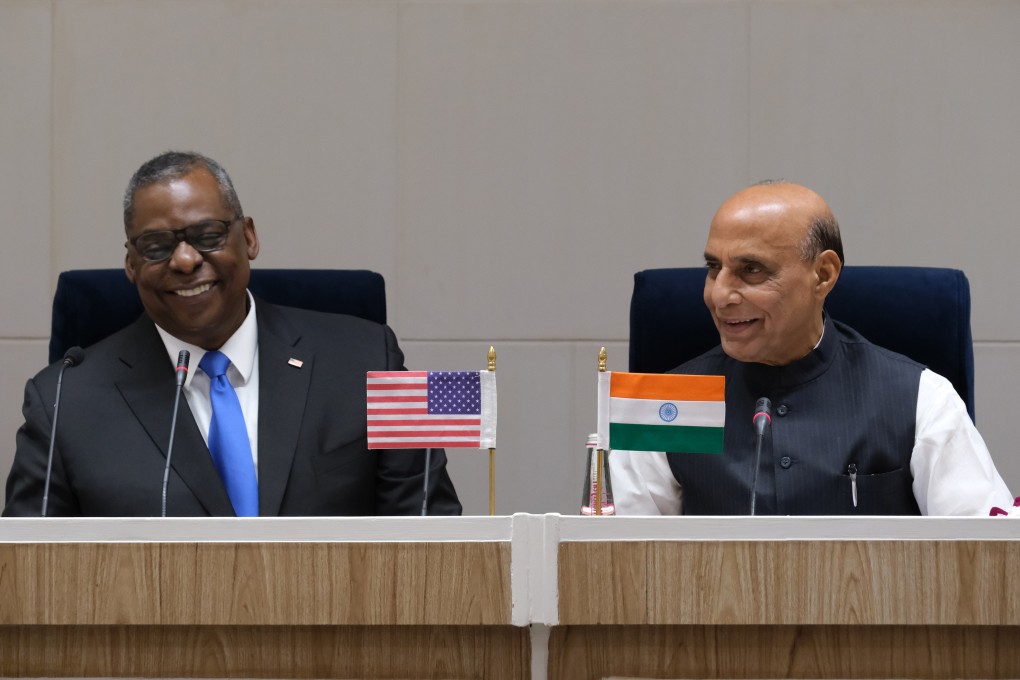 US Secretary of Defence Lloyd Austin, left, meets with his Indian counterpart Rajnath Singh on March 20. Photo: Bloomberg