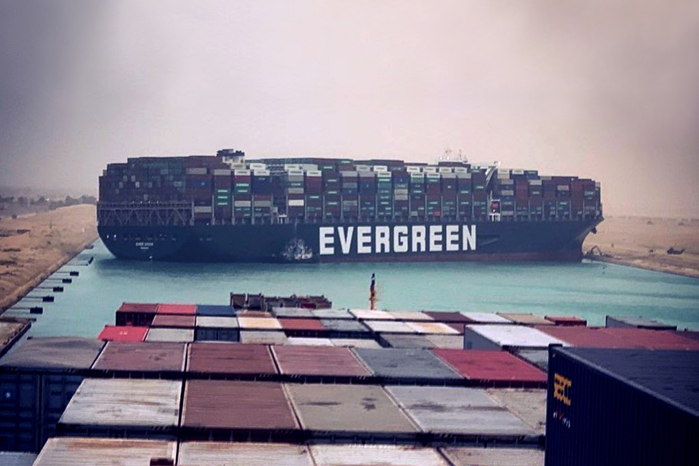 The Ever Given container ship lodged sideways on March 24, blocking all traffic through Egypt’s Suez Canal. Photo: Twitter
