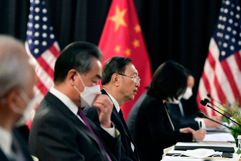 The Chinese delegation led by Yang Jiechi (centre), director of the Central Foreign Affairs Commission Office, and Foreign Minister Wang Yi at the opening session of US-China talks in Anchorage, Alaska on March 18. Photo: AFP