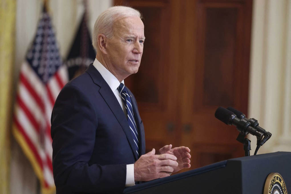 President Joe Biden speaks during the first formal press conference of his presidency in the East Room of the White House in Washington on Thursday. Photo: Abaca Press/TNS