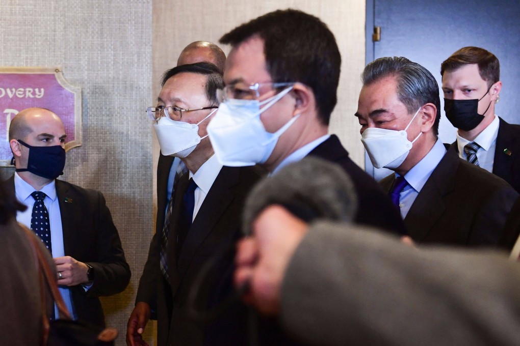 The Chinese delegation led by top diplomat Yang Jiechi (second from left) and Foreign Minister Wang Yi (second from right) at the conclusion of talks between the US and China on March 19. Photo: AFP