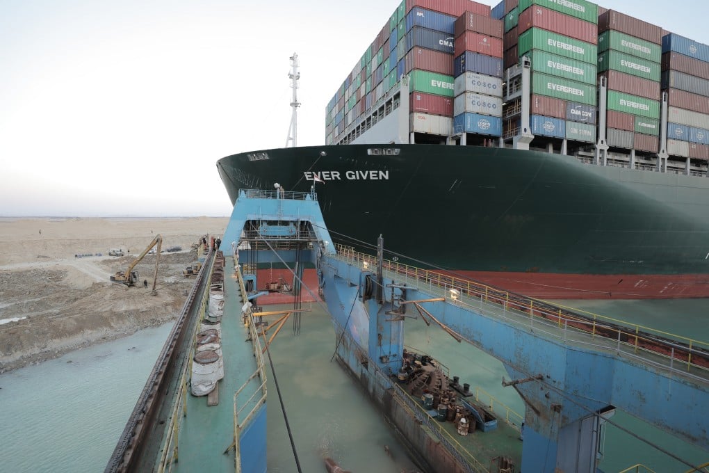 The Ever Given container ship which ran aground in the Suez Canal, Egypt. Photo: EPA-EFE / Suez Canal Authority