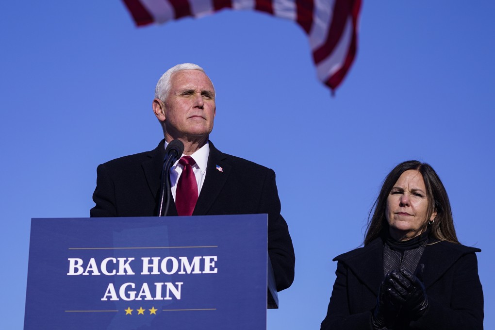 Former US vice-president Mike Pence speaks after arriving back in his hometown of Columbus, Indiana, in January. He is now resuming public life as he eyes a potential run for the White House in 2024. Photo: AP