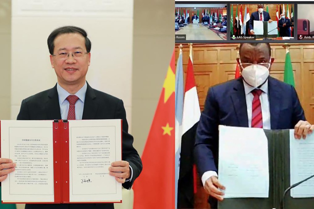 Chinese deputy foreign minister Ma Zhaoxu announces the pact with Hossam Zaki, the assistant secretary general of the League of Arab States. Photo: SCMP