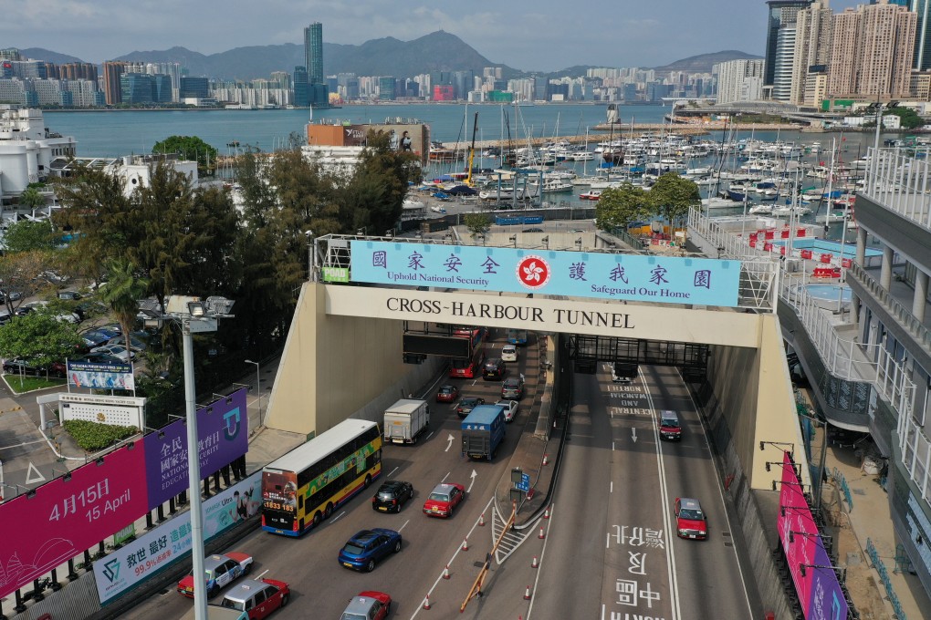 A banner touting the national security law is displayed over the entrance to the Cross-Harbour Tunnel. The US has criticised Beijing over the law in a recent report. Photo: Sam Tsang