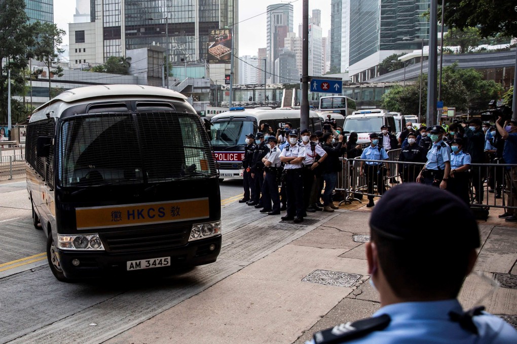 A Correctional Services Department van arrives at the High Court in Hong Kong. Photo: AFP