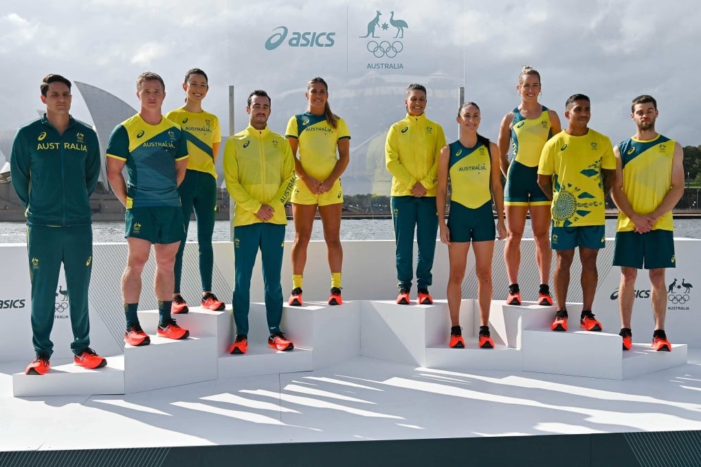 Australian athletes pose during the unveiling of the Australian Olympic Team uniforms for the Tokyo 2020 Games on March 31, 2021. Photo: AFP