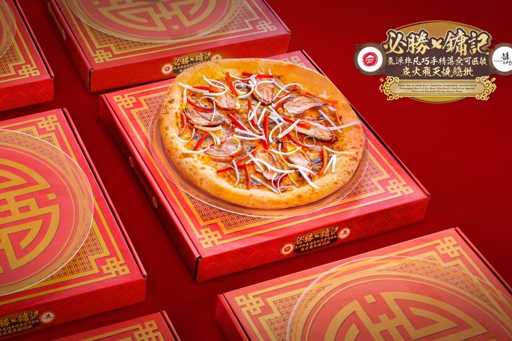 A publicity photo for the “Pizza Hut x Yung Kee’s Super Exquisitely Handcrafted Victorious Best of the Best Flawlessly Exclusive Special Charcoal Roasted Flying Goose Pizza” - a special edition pizza featuring charcoal-grilled roast goose from the venerable Yung Kee restaurant in Central, Hong Kong. Photo: Pizza Hut x Yung Kee