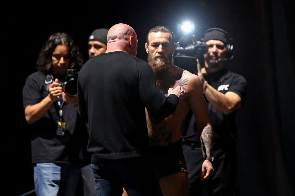 Jan 17, 2020; Las Vegas, Nevada, USA; UFC president Dana White (left) talks with Conor McGregor during weigh ins for UFC 246 at T-Mobile Arena. Mandatory Credit: Mark J. Rebilas-USA TODAY Sports