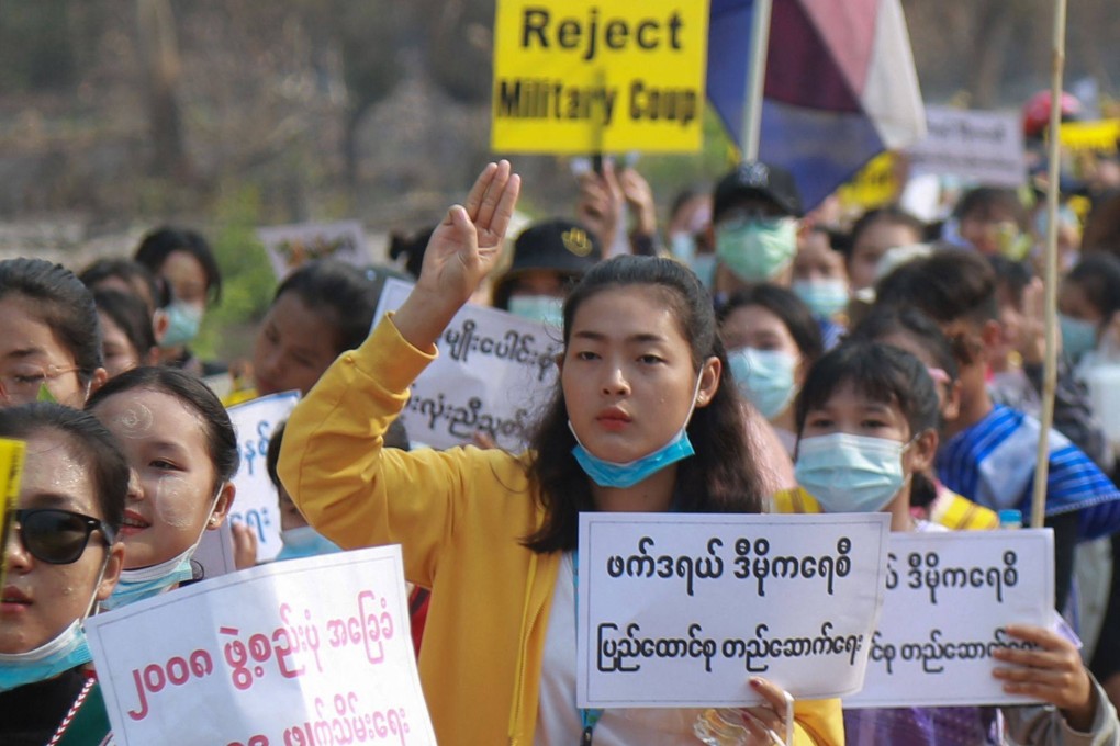 Ethnic Karen people take part in an anti-coup demonstration in Hlaingbwe township, in eastern Myanmar’s Karen state. Photo: Karen Information Centre via AFP