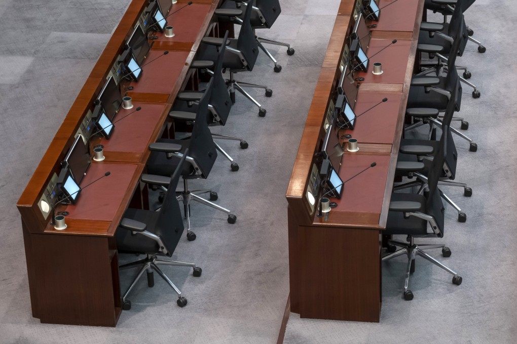 Seats sit empty in a meeting room at the Legislative Council building in Tamar on March 29. Photo: Paul Yeung