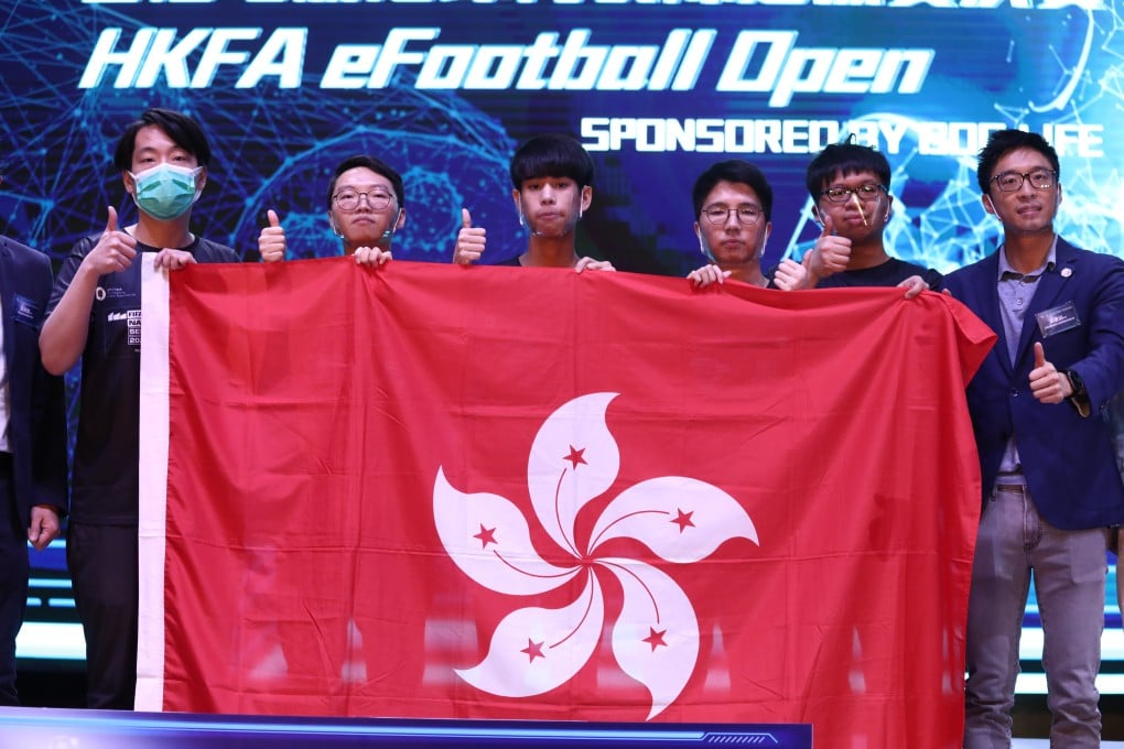 (From left) HKFA eFootball Open winners and Hong Kong representatives for the FIFAe Nations Series 2021 Cheung Chi-shing, Ho Ka-ming, Leung Kin-chun, Lai Ka-him and Li Ka-chun, with Hong Kong Football Association vice-chairman and esports committee chairman Eric Fok Kai-shan at CyberArena in Cyberport. Photo: SCMP / Jonathan Wong