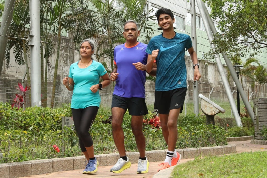 Bhoovarahan Desikan (centre) trains with his wife Sripriya Bhoovarahan (left) and son Vaibhav in Tung Chung, Hong Kong. Photo: Edmond So