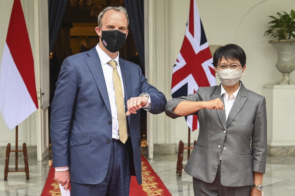 British Foreign Secretary Dominic Raab and his Indonesian counterpart, Retno Marsudi, meet in Jakarta. Photo: Indonesian Ministry of Foreign Affairs/EPA-EFE