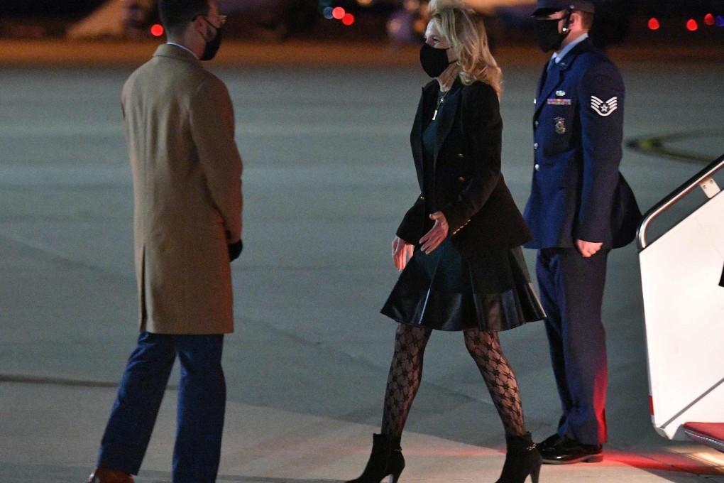 Jill Biden at Andrews Air Force Base in Maryland on April 1. The wife of US President Joe Biden has sparked an online debate over her patterned tights. Photo: AFP