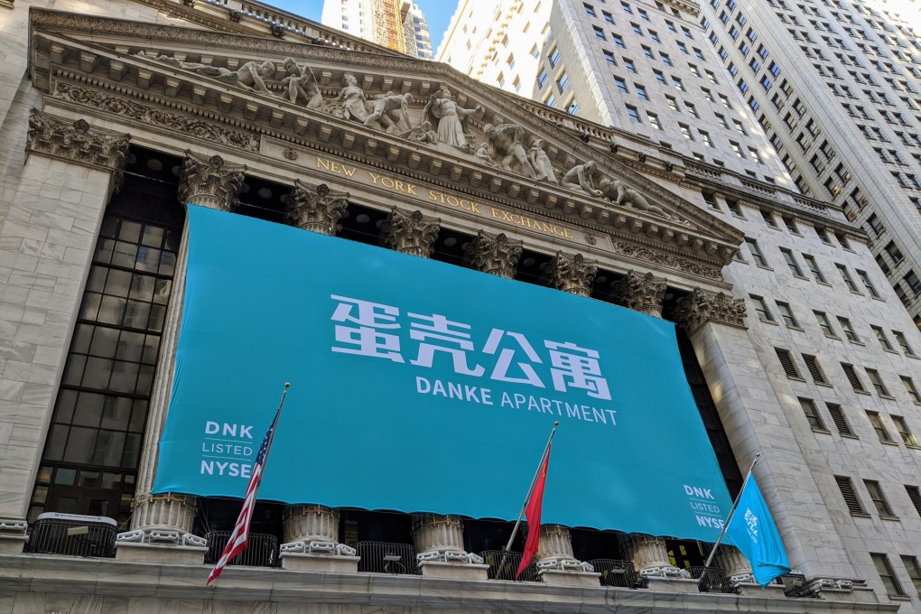 Banner on the New York Stock Exchange Building celebrating the IPO of the Chinese online residential renting company Danke on January 17, 2020. Photo: Handout