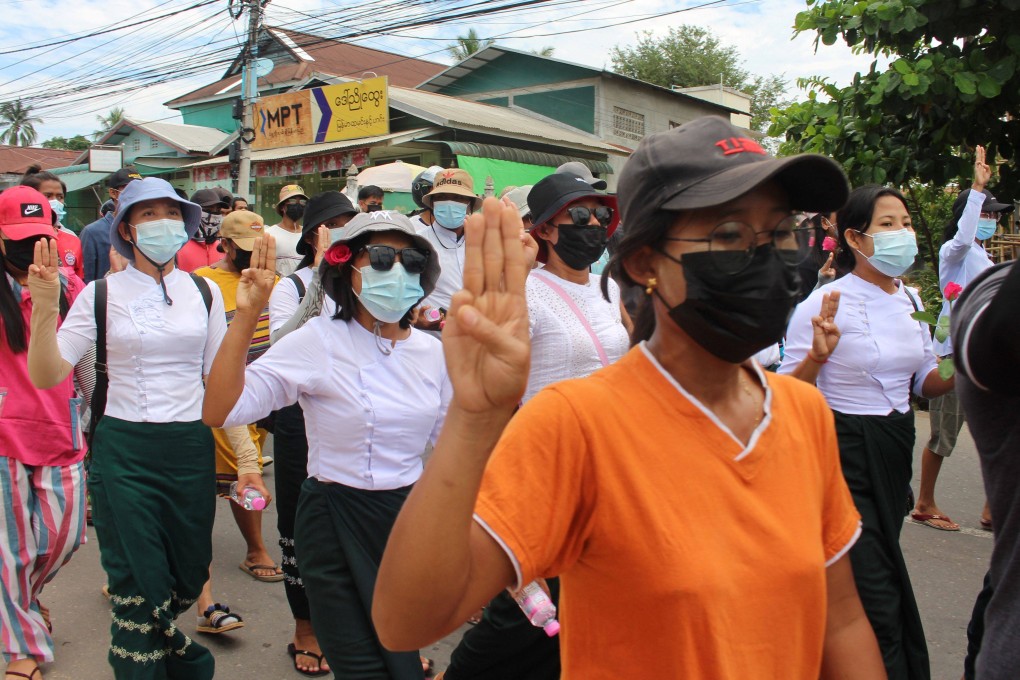 Teachers taking part in a protest against the military coup in Dawei. Photo: AFP