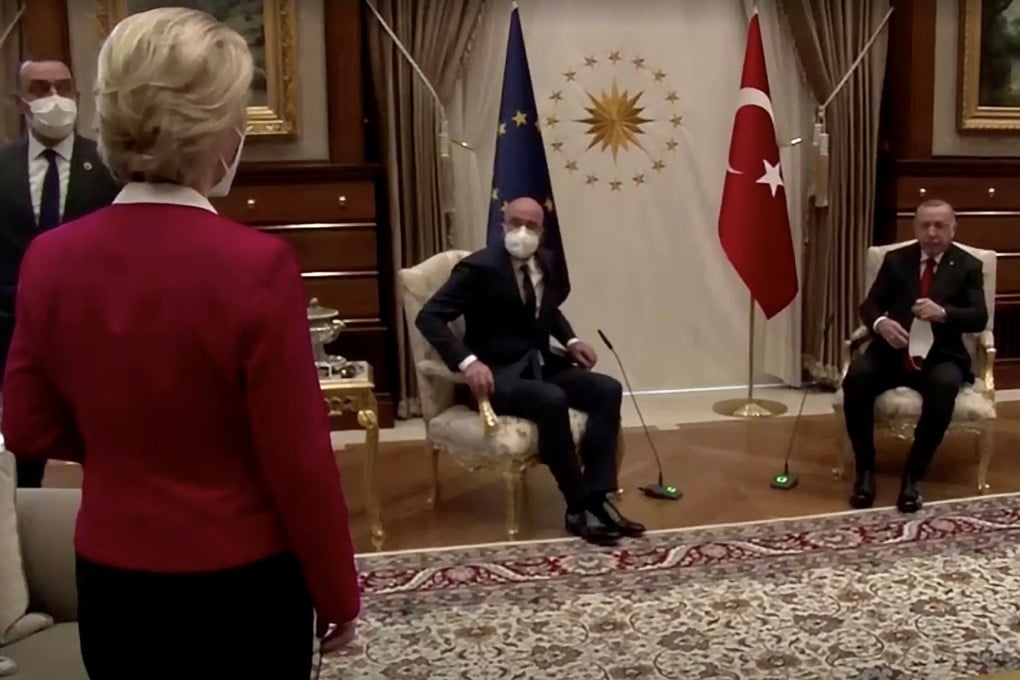 European Commission President Ursula von der Leyen stands as European Council President Charles Michel and Turkish President Tayyip Erdogan take seats in Ankara on Tuesday. Photo: European Union via Reuters TV