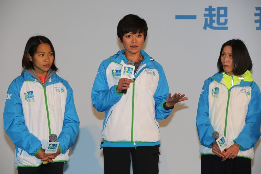 Yuko Gordon (right) as an ambassador at the 2016 Standard Chartered Hong Kong Marathon along with Christy Yiu (left) and Maggie Chan Man-yee. Photo: Edward Wong
