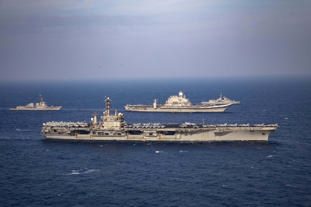 Aircraft carriers and warships from India, the US, Japan and Australia participate in the second phase of the Malabar naval exercise in November 2020. Photo: AP