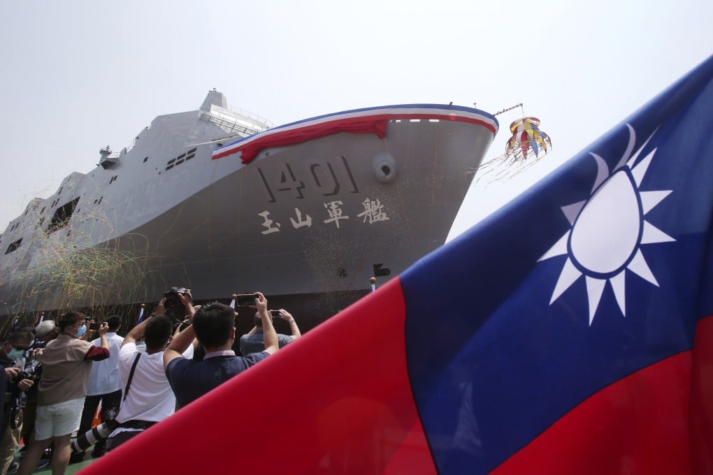 The Yushan amphibious transport vessel is launched in Kaohsiung on Tuesday. Photo: AP