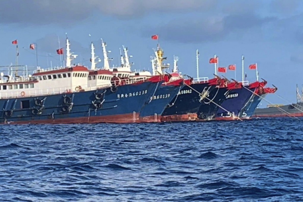 Chinese vessels are seen moored at Whitsun Reef in the South China Sea. Photo: National Task Force-West Philippine Sea via AP