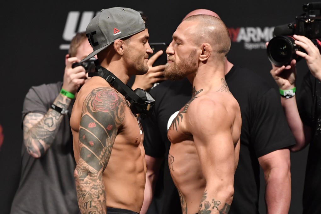 UFC lightweights Dustin Poirier of the US and Conor McGregor of Ireland during their face-off at the UFC 257 weigh-ins in the Etihad Arena, Abu Dhabi, in January. Photo: Zuffa LLC