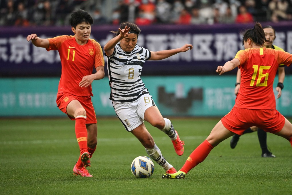 Chinas Wang Shanshan (left) and South Korea’s Cho So-hyun compete for the ball during the qualifying play-off second leg women’s football match for the Tokyo 2020 Olympic Games in Suzhou. Photo: AFP