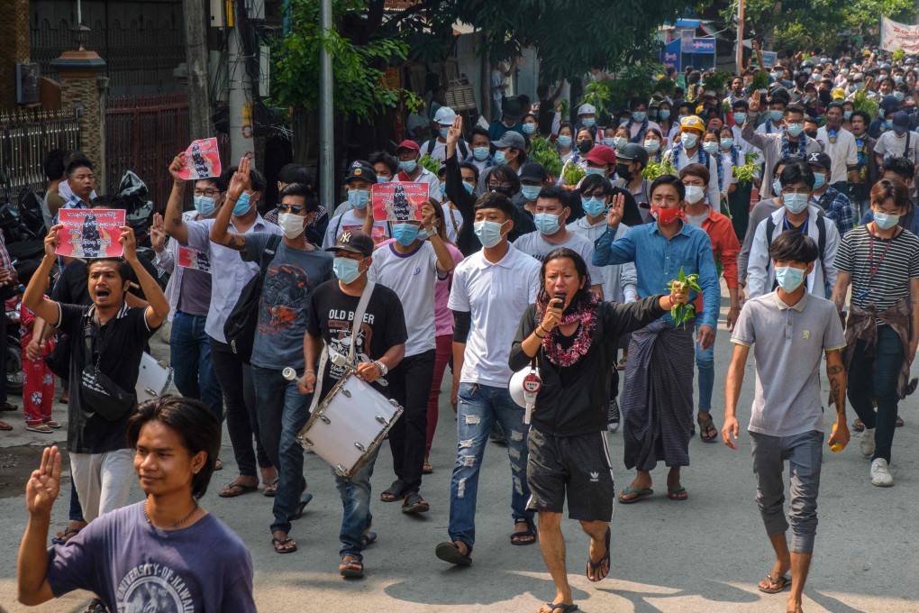 Protesters in Mandalay take part in a demonstration against the military coup during the Myanmar new year festival of Thingyan. Photo: AFP