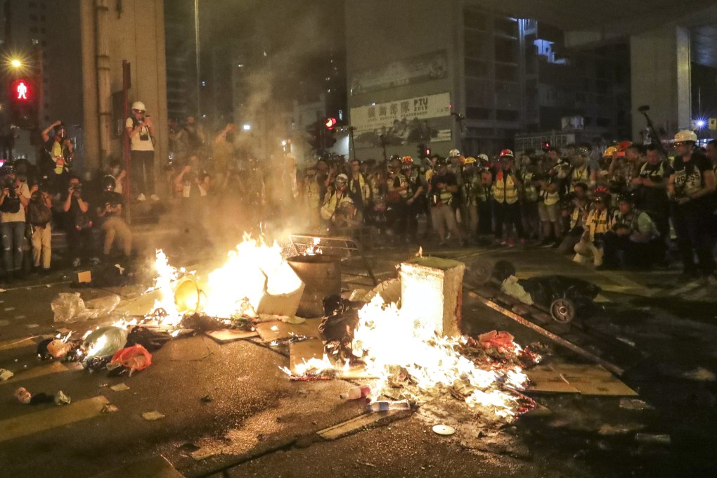 A street bonfire lit by protesters burns in Hong Kong’s Prince Edward neighbourhood on September 22, 2019. Photo: Edmond So