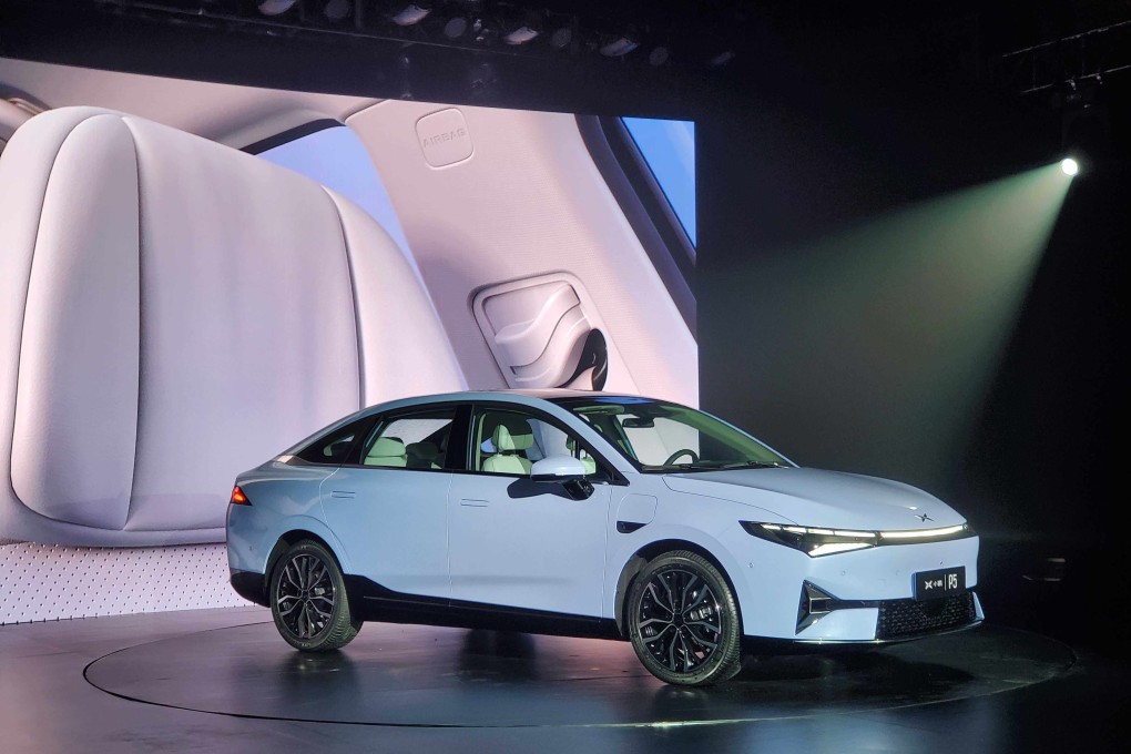 Xpeng Motor’s P5 all-electric sedan at its launch in Guangzhou on April 14, 2021. Photo: Iris Ouyang