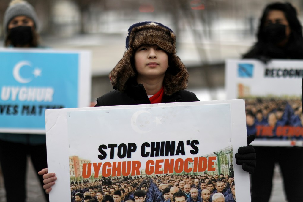 People protest against China’s treatment of its Uygur population outside the Canadian embassy in Washington in February. Photo: Reuters