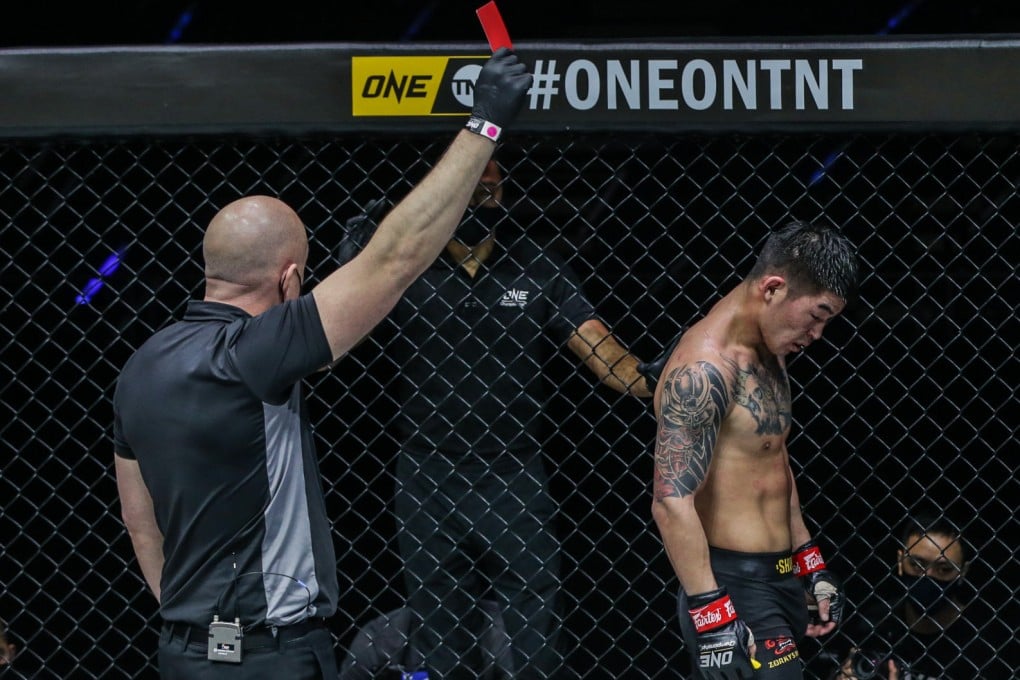 Shinechagtga Zoltsetseg walks off dejectedly after referee Olivier Coste shows him a red card at ONE on TNT 2. Photos: ONE Championship