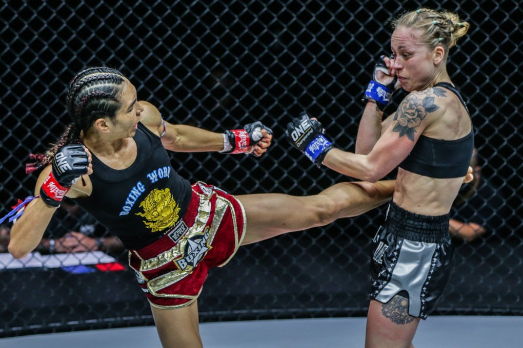 Janet Todd kicks Anne Line Hogstad in the liver at ONE on TNT 2. Photos: ONE Championship
