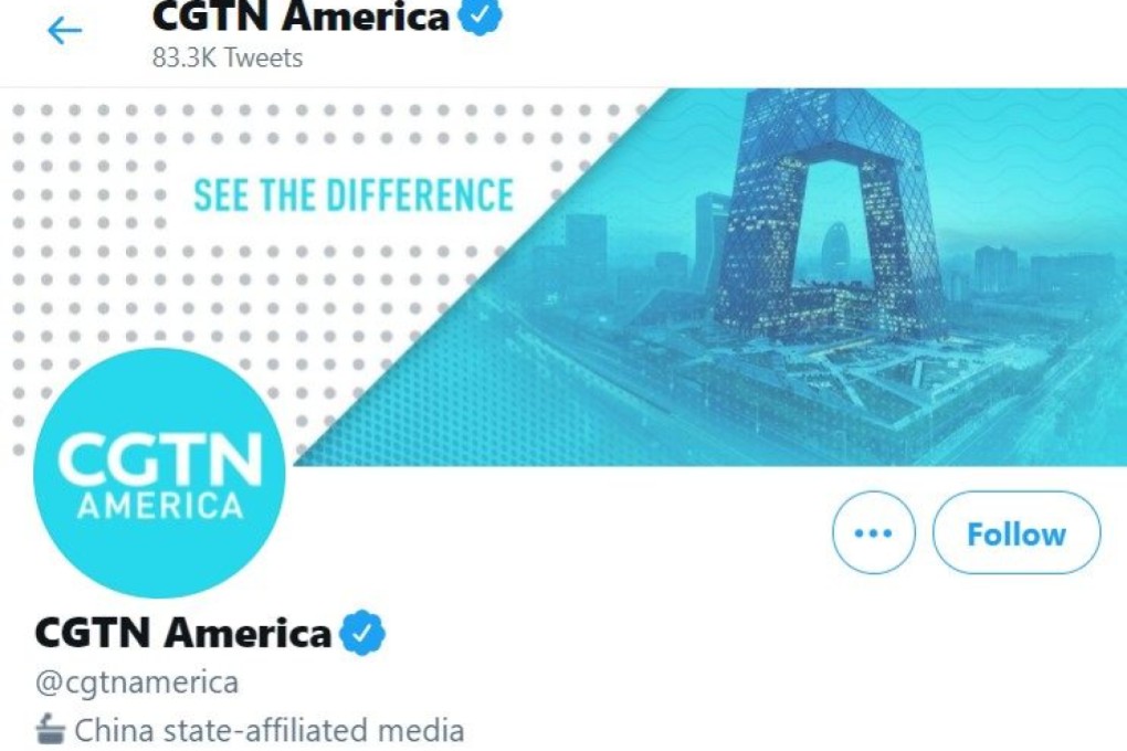 A screenshot of China Global Television Network (CGTN) America’s profile page on Twitter shows the label “China state-affiliated media”. Image: Twitter