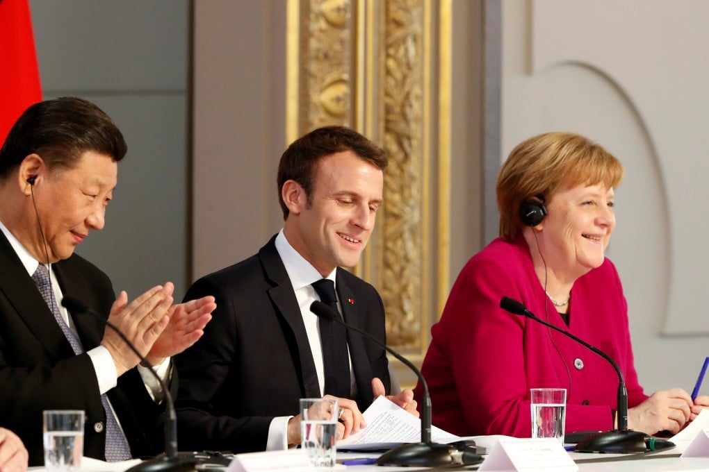 Chinese President Xi Jinping, French President Emmanuel Macron, and German Chancellor Angela Merkel at a 2019 meeting in Paris. Photo: Reuters