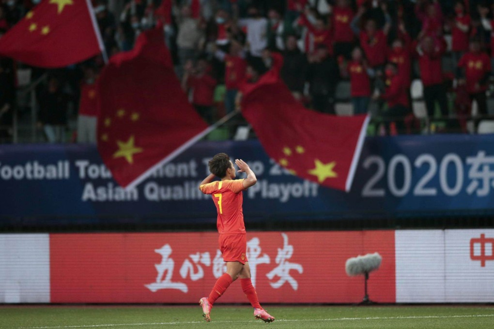 China’s Wang Shuang celebrates scoring  against South Korea in the second leg of the Tokyo Olympics Asian qualification play-off in Suzhou. Photo: Xinhua