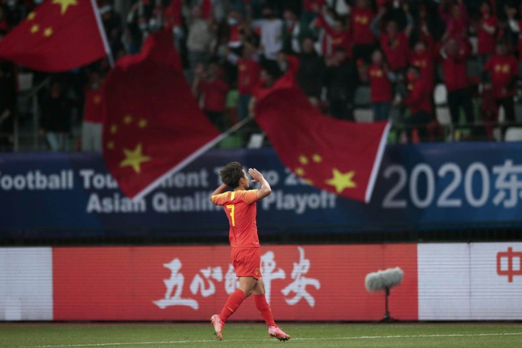 China’s Wang Shuang celebrates scoring against South Korea in the second leg of the Tokyo Olympics Asian qualification play-off in Suzhou. Photo: Xinhua
