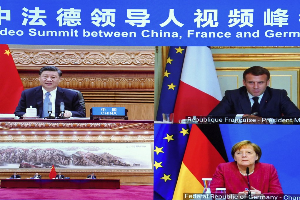 Chinese leader Xi Jinping, French President Emmanuel Macron and German Chancellor Angela Merkel hold talks by video link on Friday. Photo: Xinhua