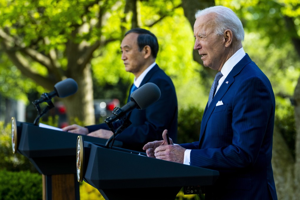 Prime Minister of Japan Yoshihide Suga and US President Joe Biden during a joint news conference at the White House in Washington on Friday. Photo: EPA-EFE
