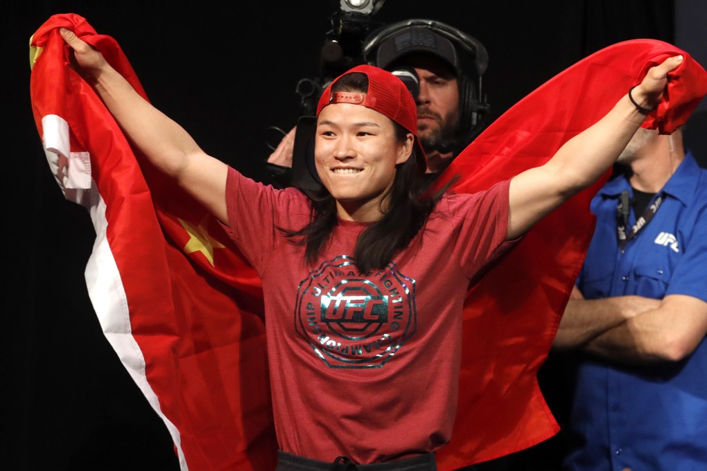 Zhang Weili arrives for the UFC 248 ceremonial weigh-in at T-Mobile Arena in Las Vegas. Photo: AP