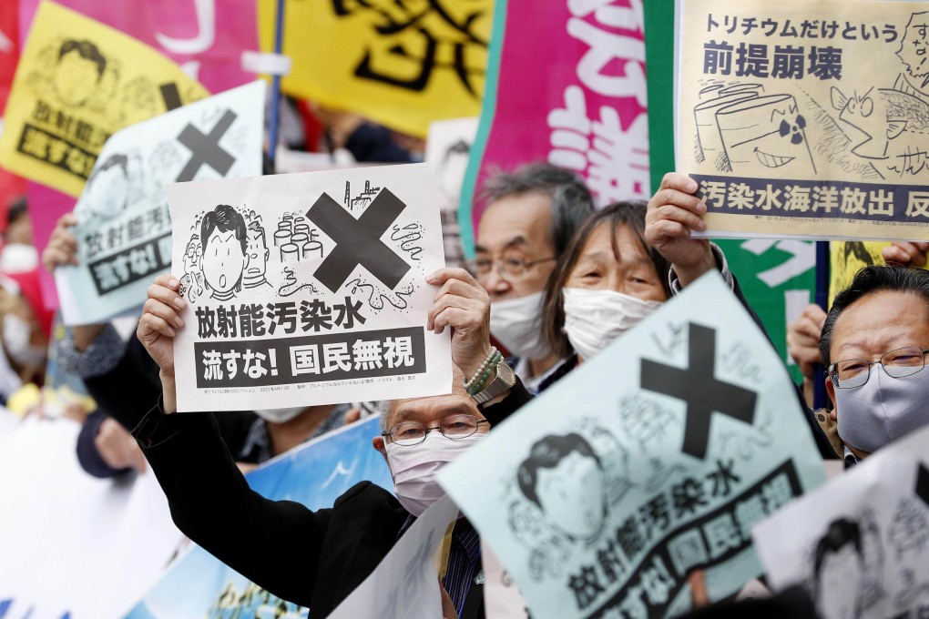 People rally in front of the prime minister’s office in Tokyo this month against the Japanese government’s decision to release treated radioactive water from the crippled Fukushima Daiichi nuclear power plant into the sea. Photo: Kyodo