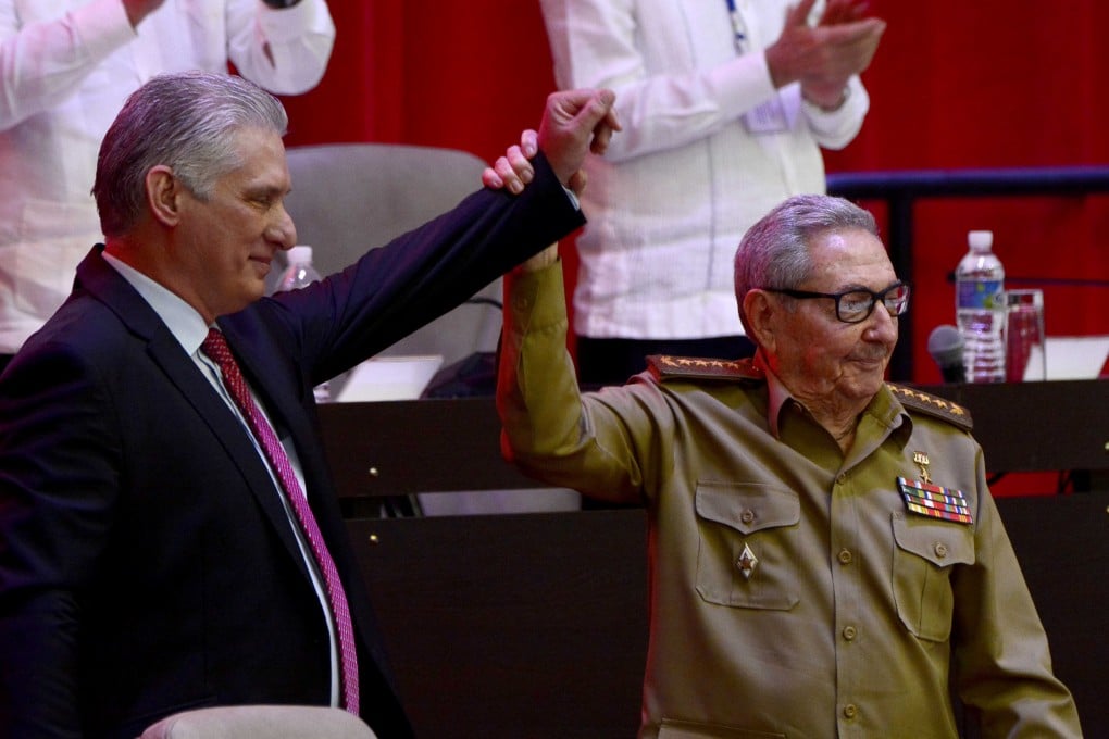 Cuba’s President and newly elected First Secretary of the Communist Party Miguel Diaz-Canel, left, and former Cuban President Raul Castro in Havana, Cuba, on Monday. Photo: ACN via Reuters