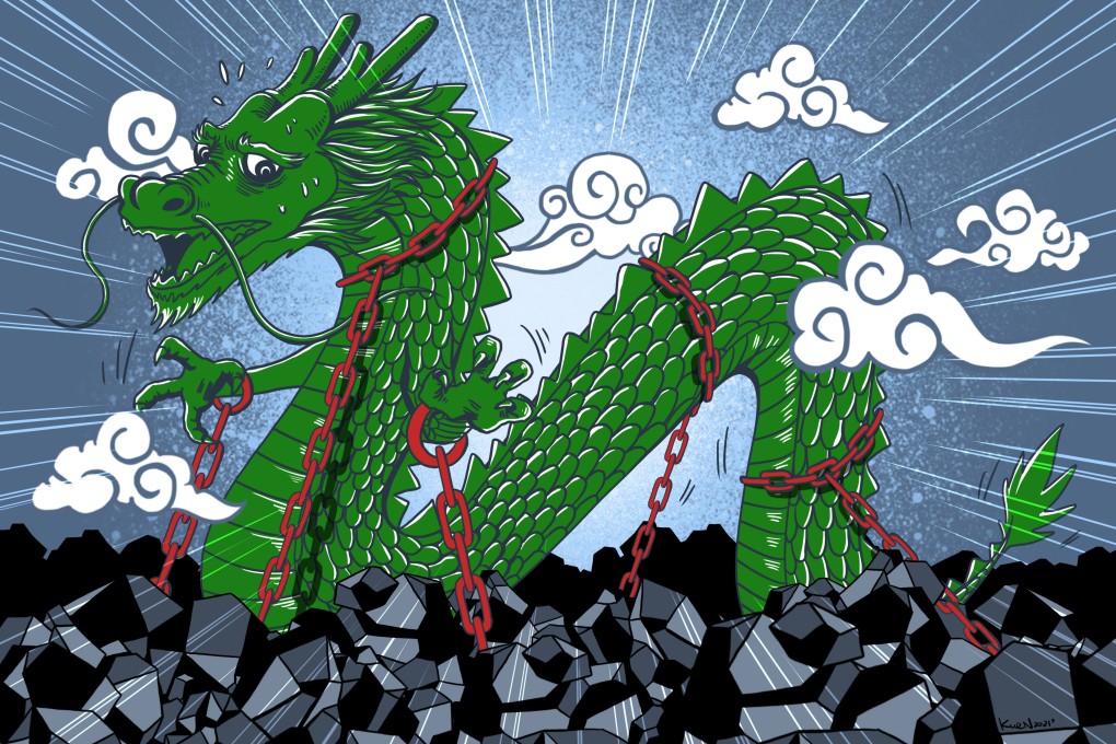 Coal has powered China’s breakneck economic growth over the past four decades, but it also presents one of the biggest challenges to its climate ambitions. Illustration: Lau Ka-kuen