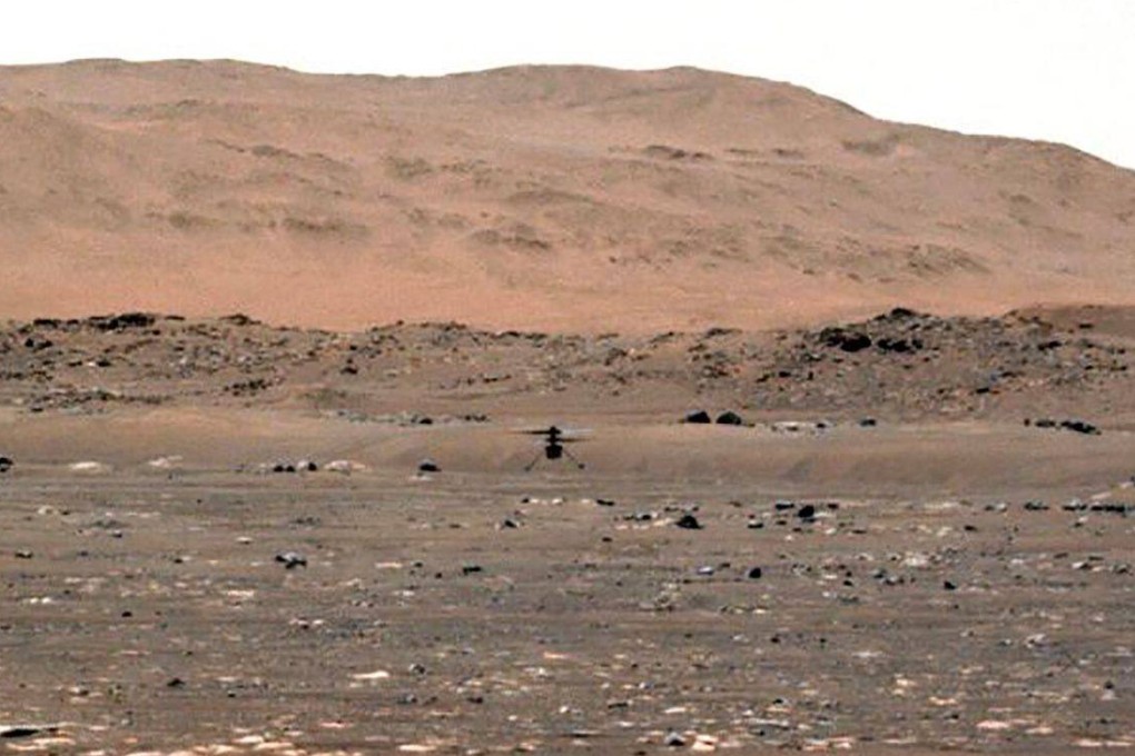The Ingenuity helicopter took its first test flight on Mars, as seen by Nasa’s Perseverance Rover, on April 19. Photo: Handout/Nasa/JPL-Caltech/AFP